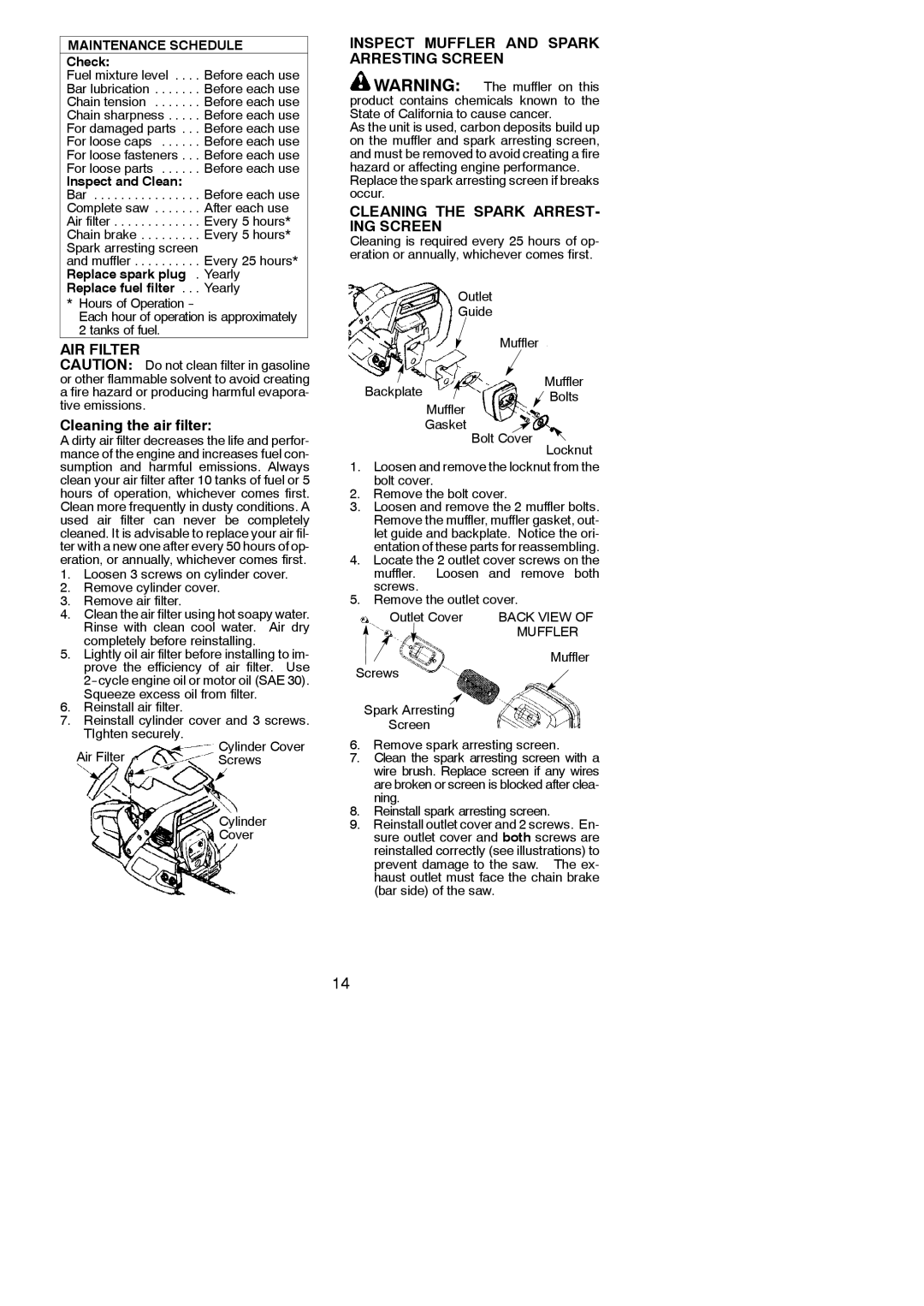 Poulan 262 instruction manual AIR Filter, Cleaning the air filter, Inspect Muffler and Spark Arresting Screen 