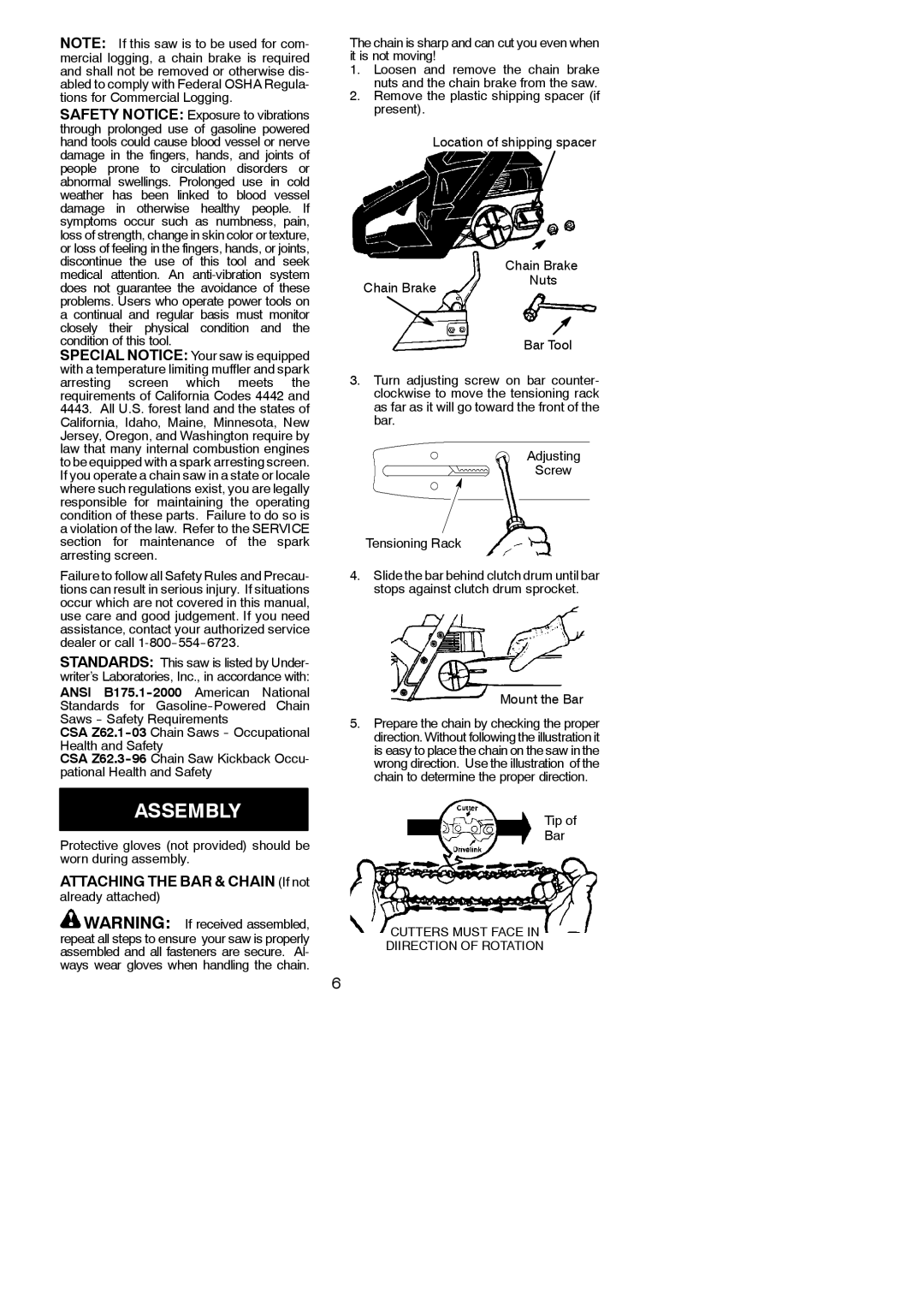 Poulan 262 instruction manual Assembly, Attaching the BAR & Chain If not, Chain Brake Nuts, Mount the Bar, Tip Bar 