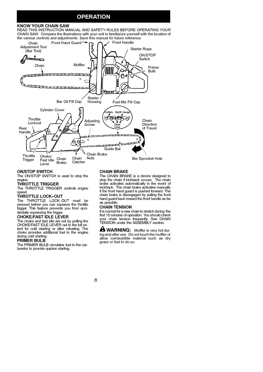 Poulan 262 Know Your Chain SAW, ON/STOP Switch, Throttle Trigger, Throttle LOCK-OUT, CHOKE/FAST Idle Lever, Primer Bulb 