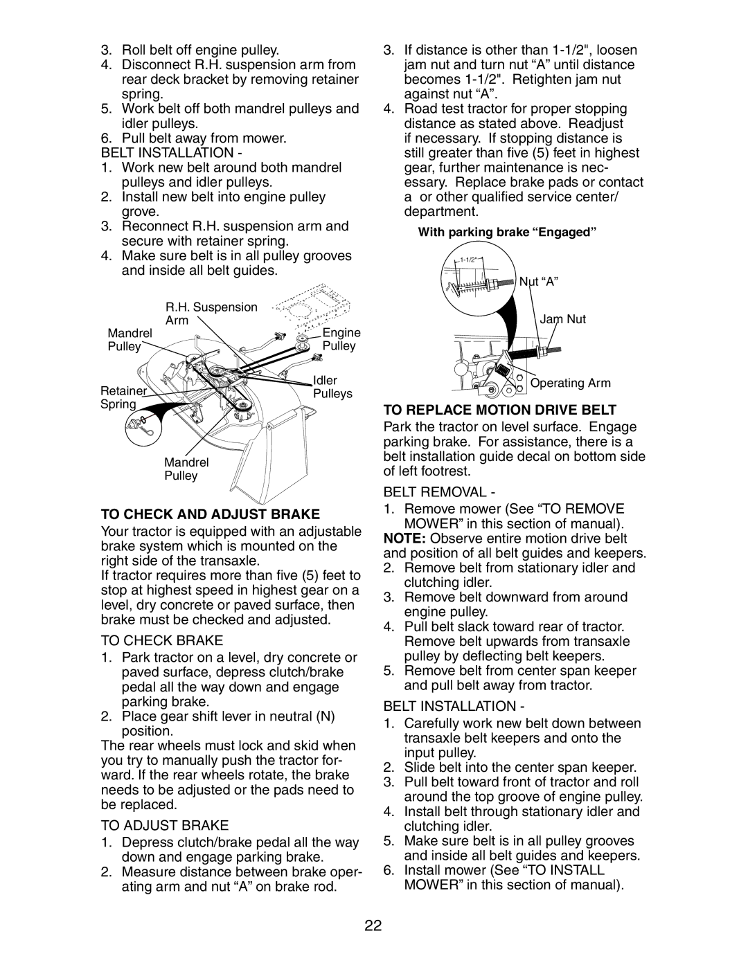 Poulan 271150 Belt Installation, To Check and Adjust Brake, To Check Brake, To Adjust Brake, To Replace Motion Drive Belt 