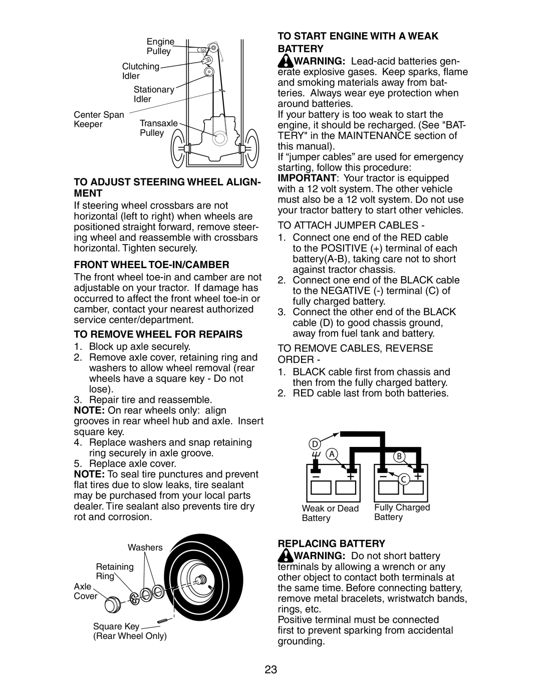 Poulan 271150 manual To Adjust Steering Wheel ALIGN- Ment, Front Wheel TOE-IN/CAMBER, To Remove Wheel for Repairs 