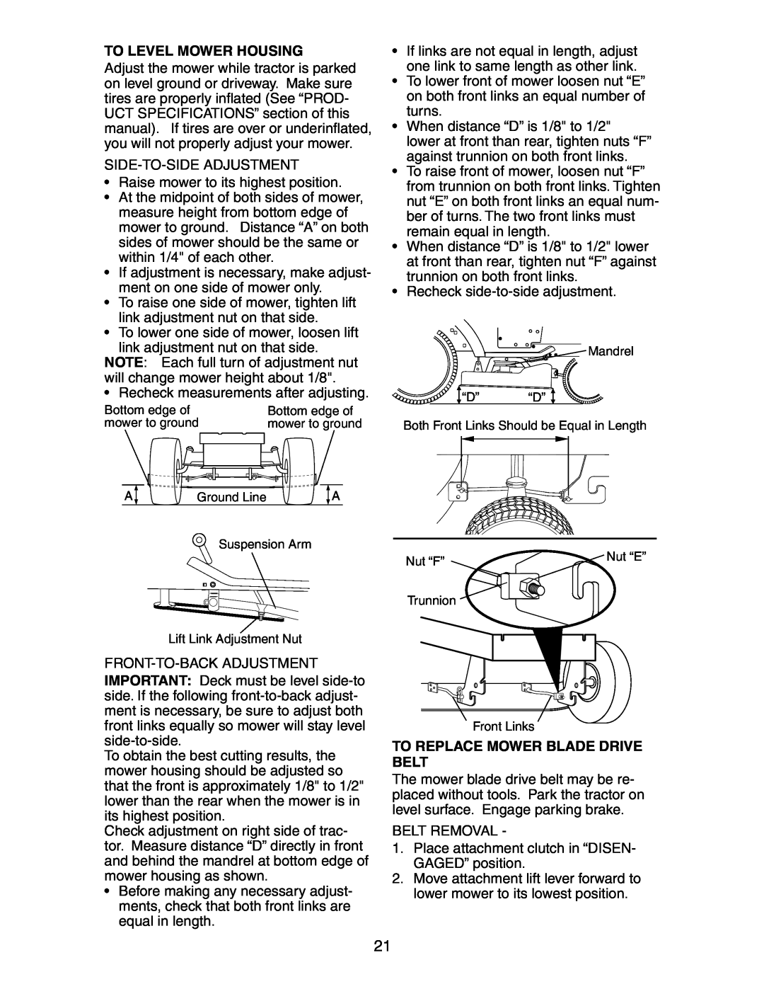 Poulan 271150 manual To Level Mower Housing, To Replace Mower Blade Drive Belt 