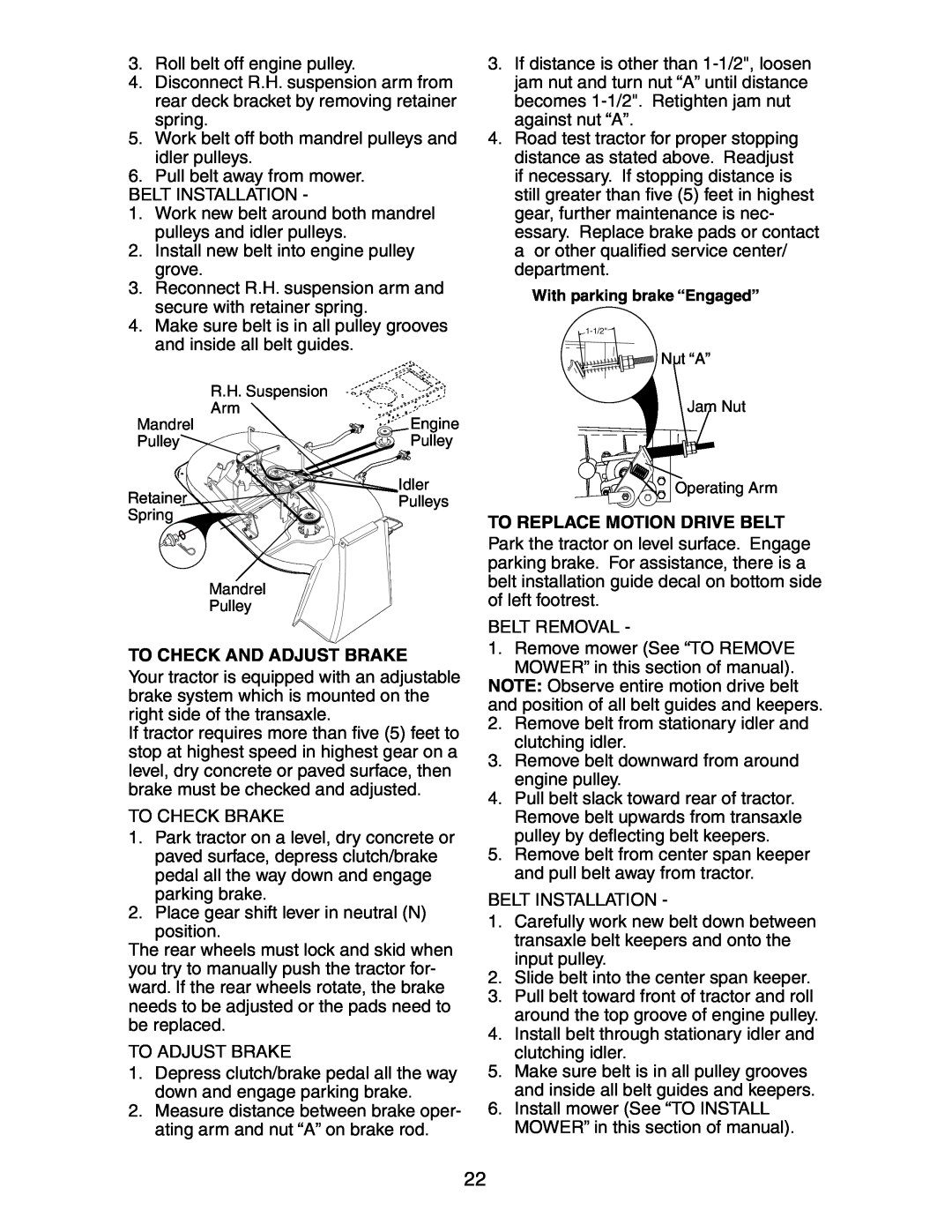 Poulan 271150 manual To Check And Adjust Brake, To Replace Motion Drive Belt 