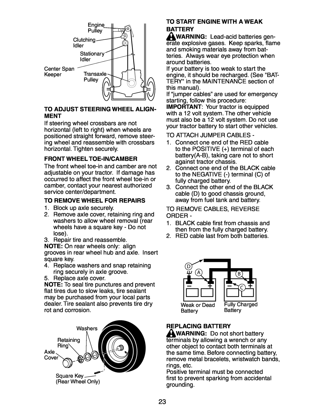 Poulan 271150 manual To Adjust Steering Wheel Align- Ment, Front Wheel Toe-In/Camber, To Remove Wheel For Repairs 