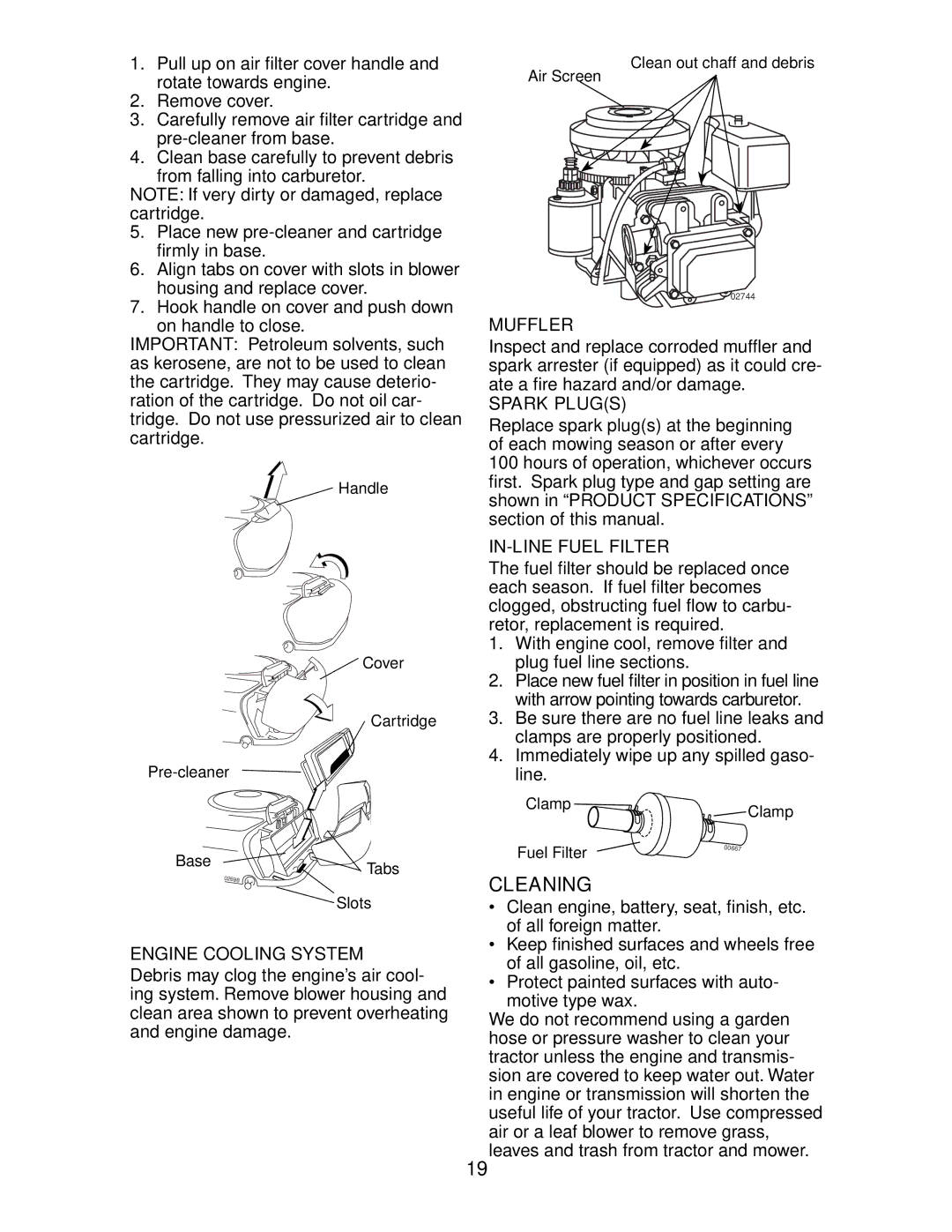 Poulan 189956, 271190 manual Cleaning, Engine Cooling System, Muffler, Spark Plugs, IN-LINE Fuel Filter 