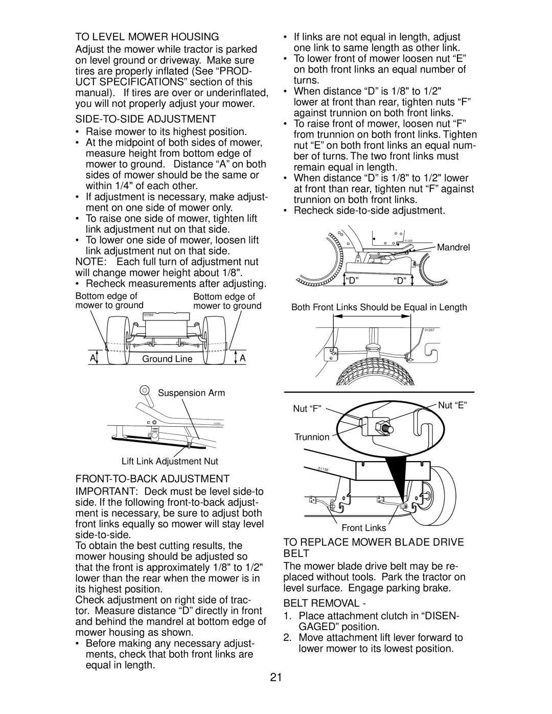 Poulan 189956, 271190 To Level Mower Housing, SIDE-TO-SIDE Adjustment, To Replace Mower Blade Drive Belt, Belt Removal 