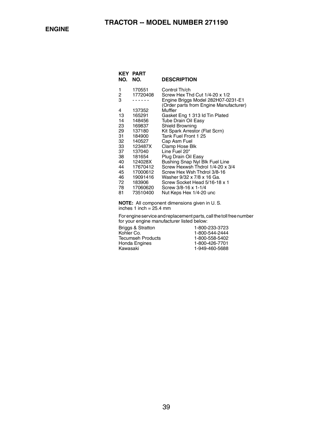 Poulan 189956, 271190 manual Engine 