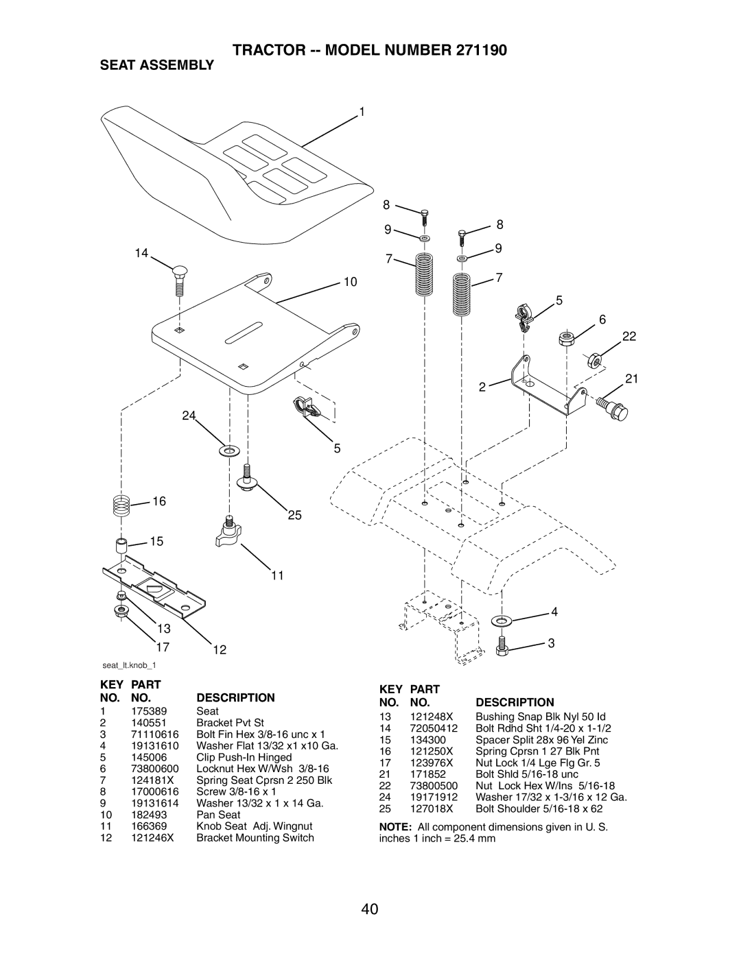 Poulan 271190, 189956 manual Seat Assembly 