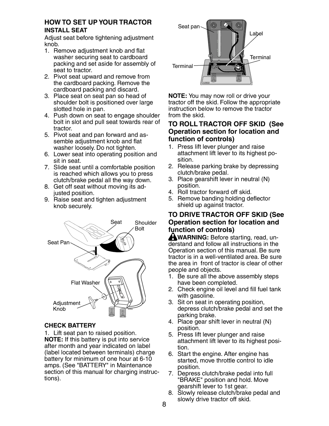 Poulan 271190, 189956 manual HOW to SET UP Your Tractor, Install Seat, Check Battery 