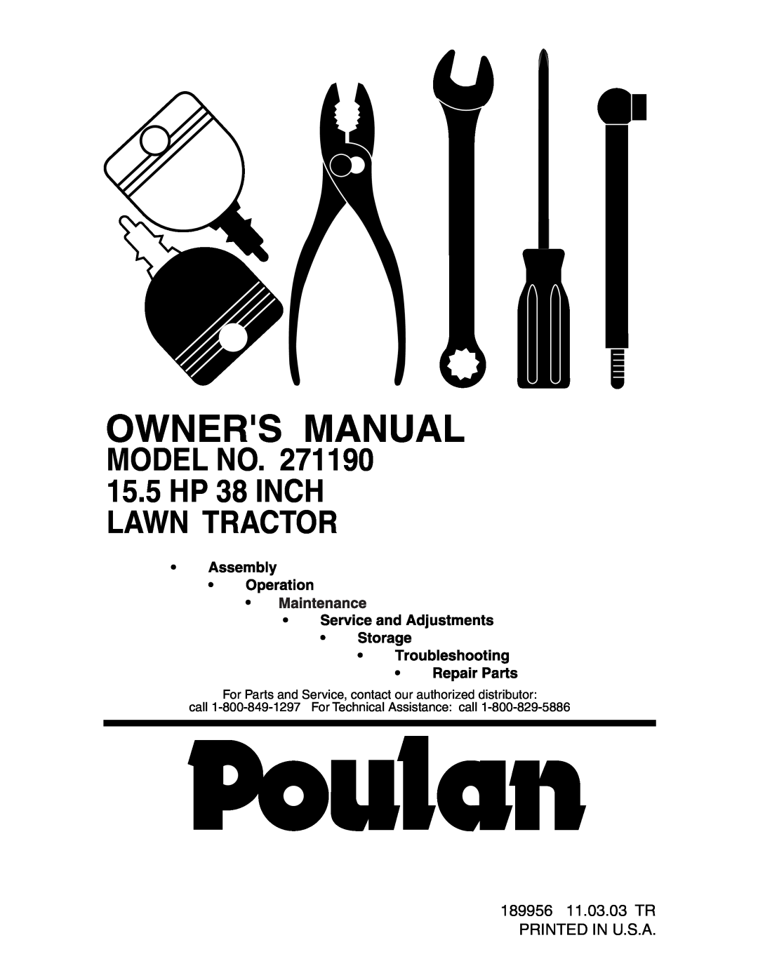 Poulan 271190 manual 189956 11.03.03 TR PRINTED IN U.S.A, Model No, 15.5 HP 38 INCH LAWN TRACTOR 