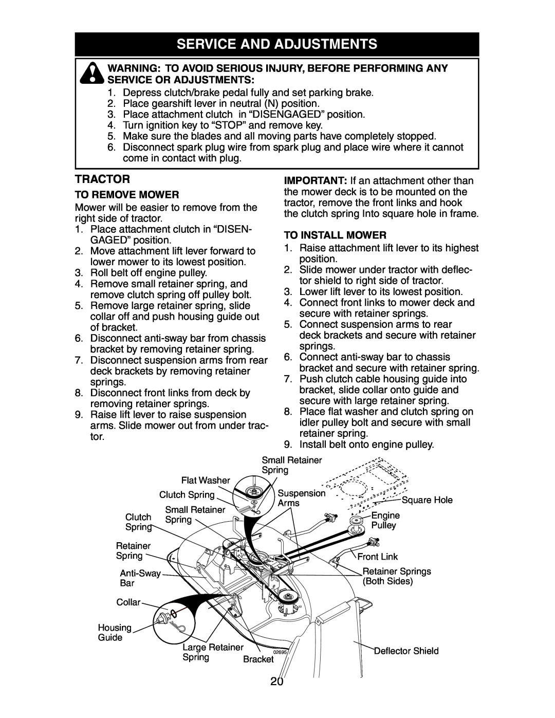 Poulan 271190, 189956 manual Service And Adjustments, To Remove Mower, To Install Mower 