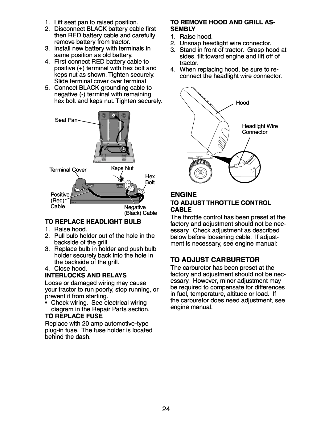 Poulan 271190 manual To Remove Hood And Grill As- Sembly, To Replace Headlight Bulb, Interlocks And Relays, To Replace Fuse 