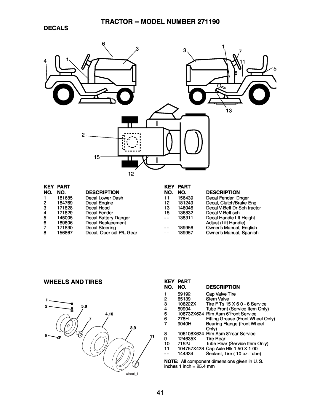 Poulan 189956, 271190 manual Decals, Wheels And Tires, Key Part, Description 