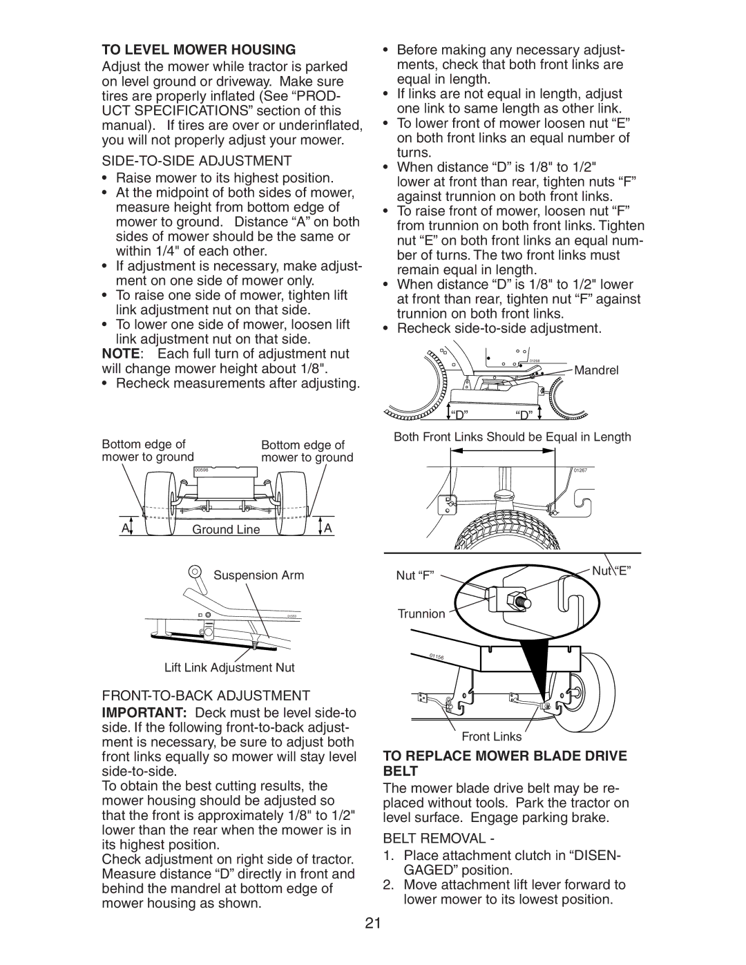 Poulan 271490 manual To Level Mower Housing, SIDE-TO-SIDE Adjustment, To Replace Mower Blade Drive Belt, Belt Removal 