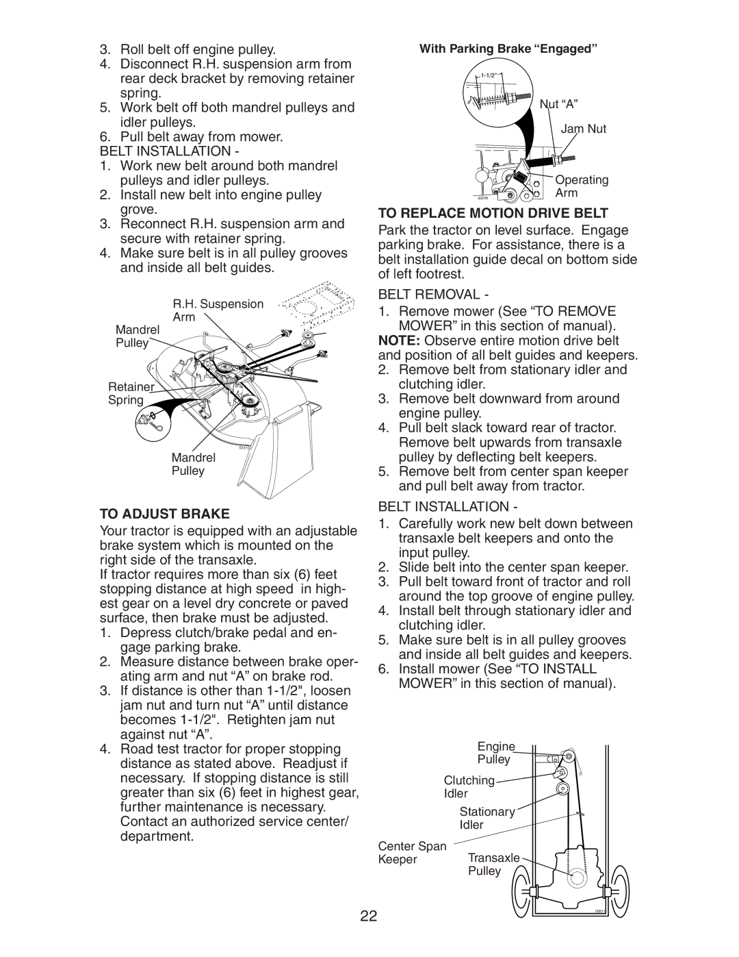 Poulan 271490 manual Belt Installation, To Replace Motion Drive Belt, To Adjust Brake 