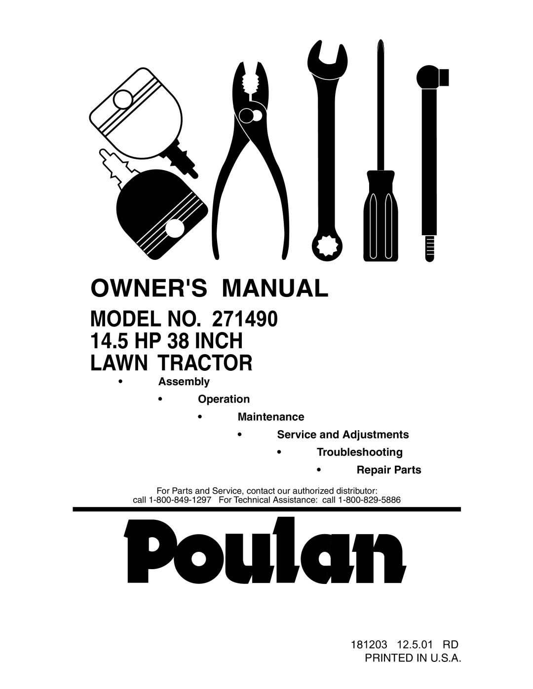 Poulan 271490 manual Model No, 14.5HP 38 INCH LAWN TRACTOR 