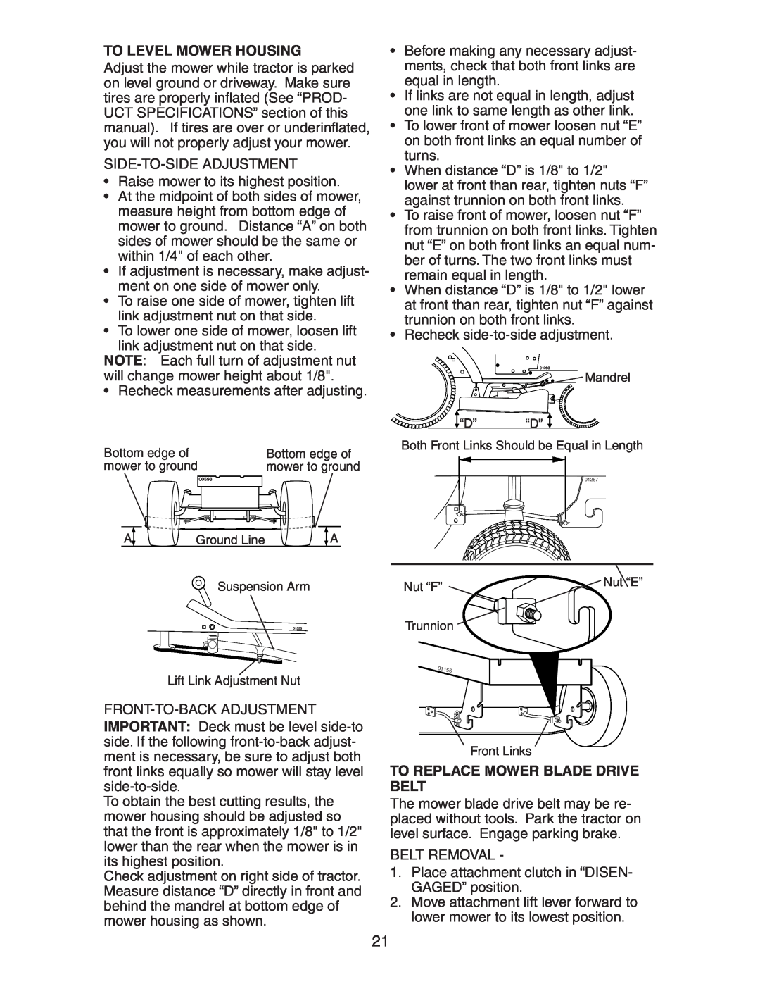 Poulan 271490 manual To Level Mower Housing, To Replace Mower Blade Drive Belt 