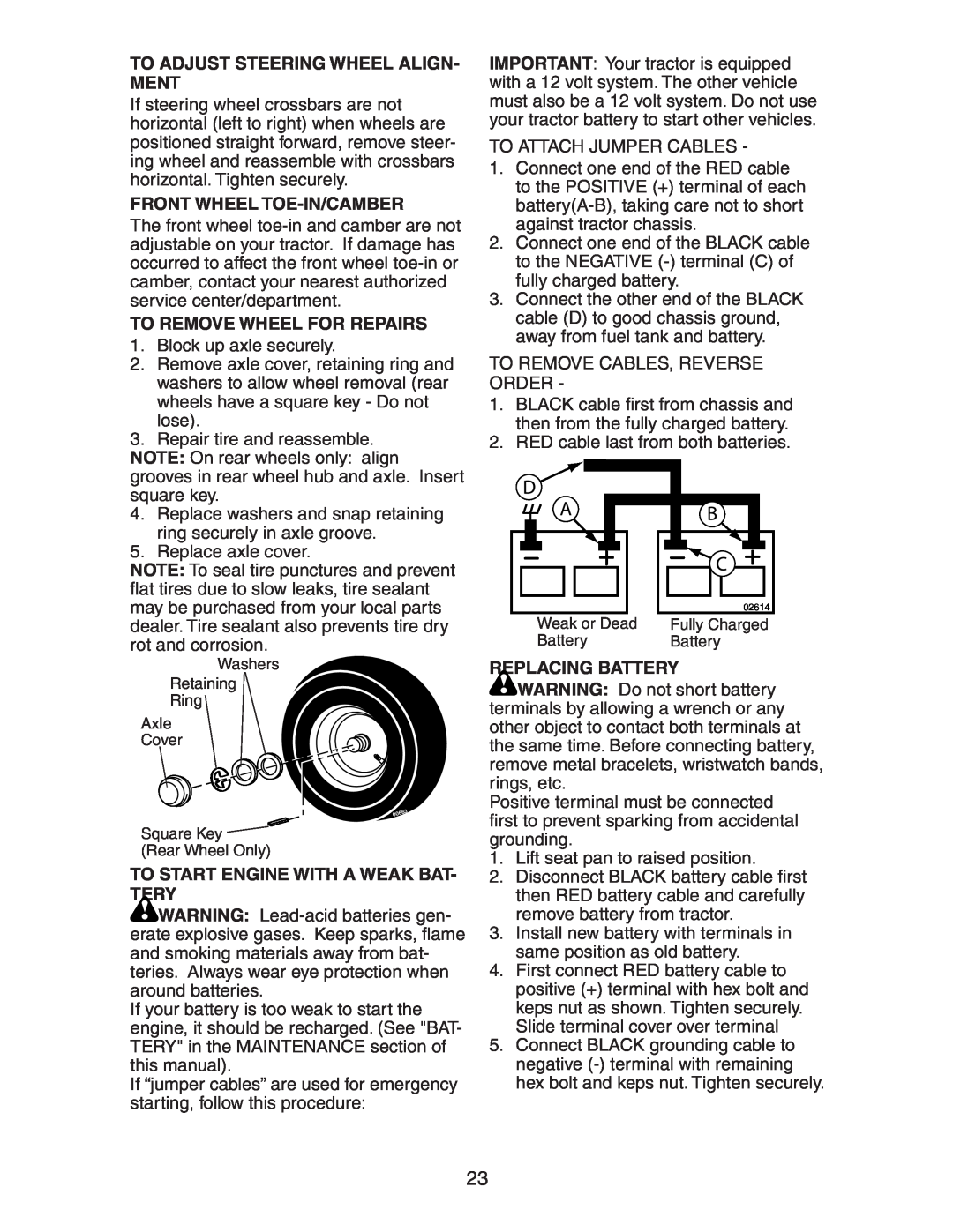 Poulan 271490 manual To Adjust Steering Wheel Align- Ment, Front Wheel Toe-In/Camber, To Remove Wheel For Repairs 