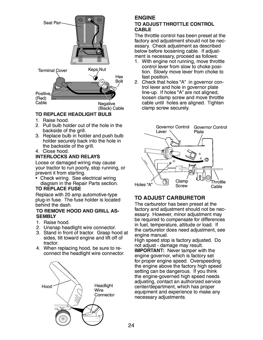 Poulan 271490 manual To Replace Headlight Bulb, Interlocks And Relays, To Replace Fuse, To Remove Hood And Grill As- Sembly 
