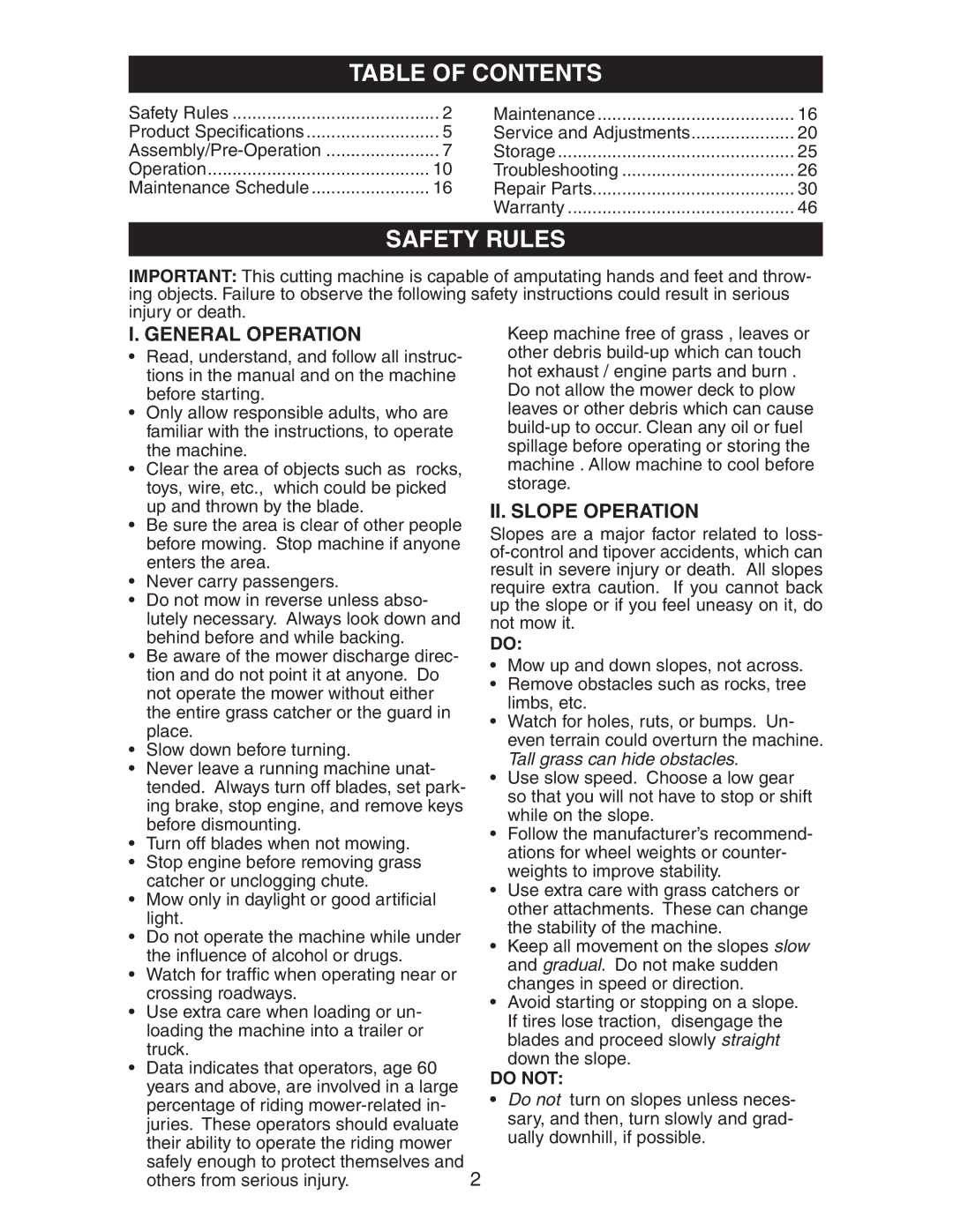 Poulan 271491 manual Table of Contents 