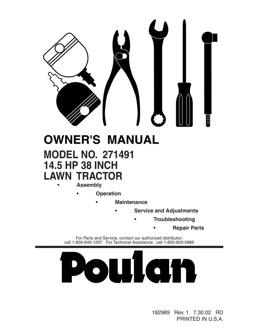 Poulan 271491 manual Model No, 14.5 HP 38 INCH LAWN TRACTOR 