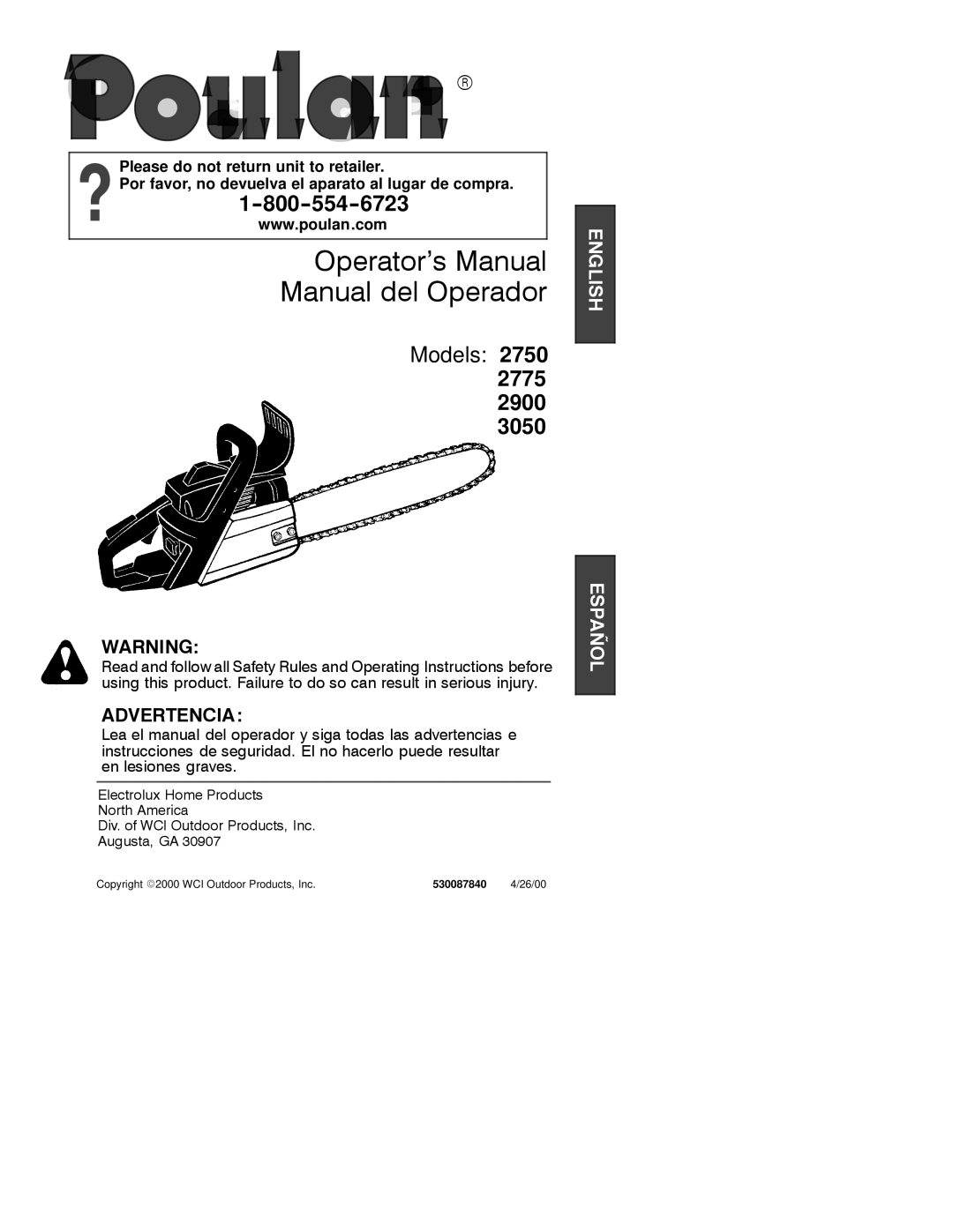 Poulan 2750, 2775, 2900, 3050 manual Operator’s Manual Manual del Operador 