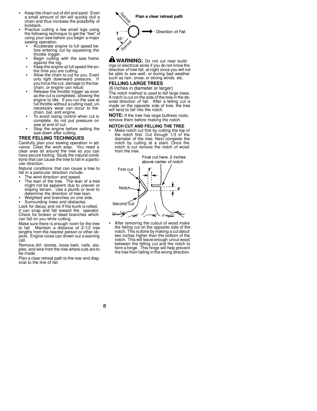 Poulan 2750, 2775, 2900, 3050 manual Tree Felling Techniques, Felling Large Trees, Inches in diameter or larger 