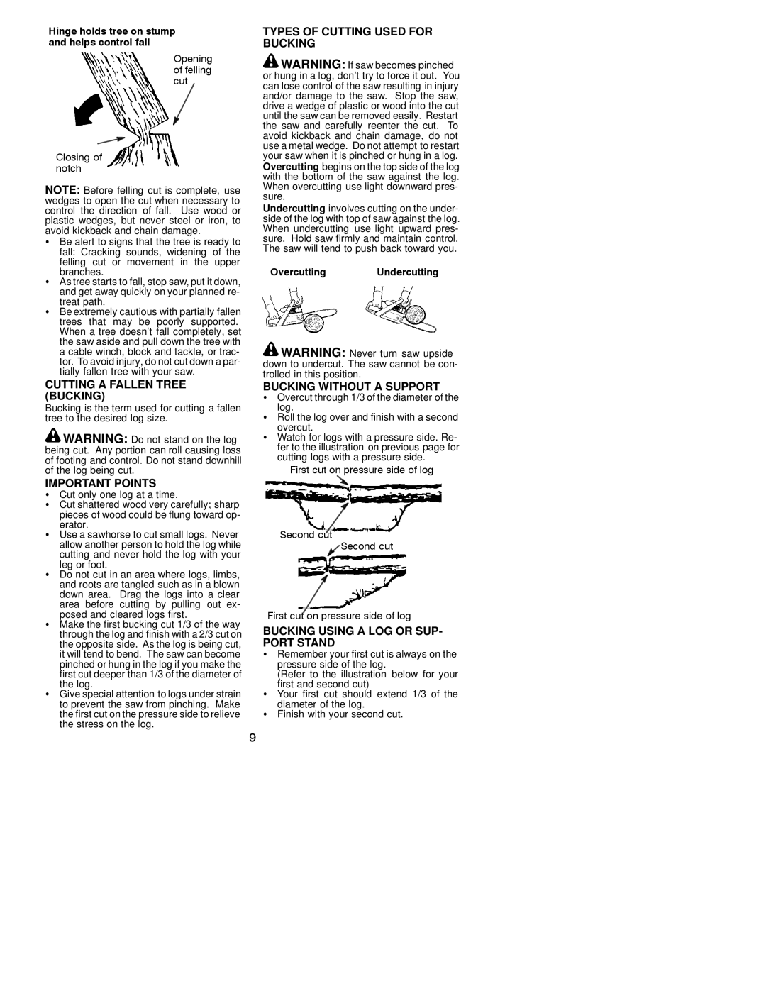 Poulan 2750, 2775, 2900, 3050 Cutting a Fallen Tree Bucking, Types of Cutting Used for Bucking, Bucking Without a Support 