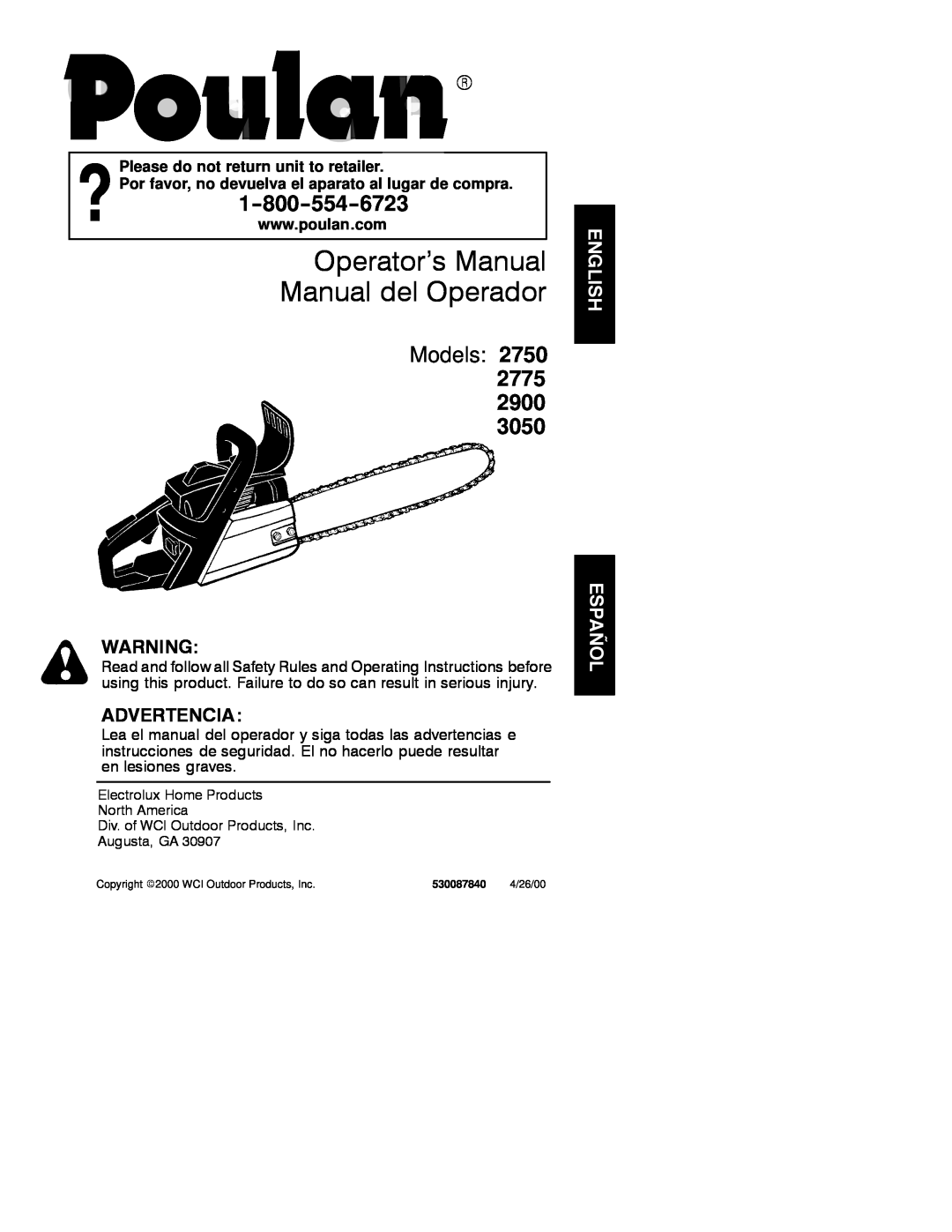 Poulan operating instructions Operator’s Manual Manual del Operador, Models 2750 2775 2900, Advertencia 