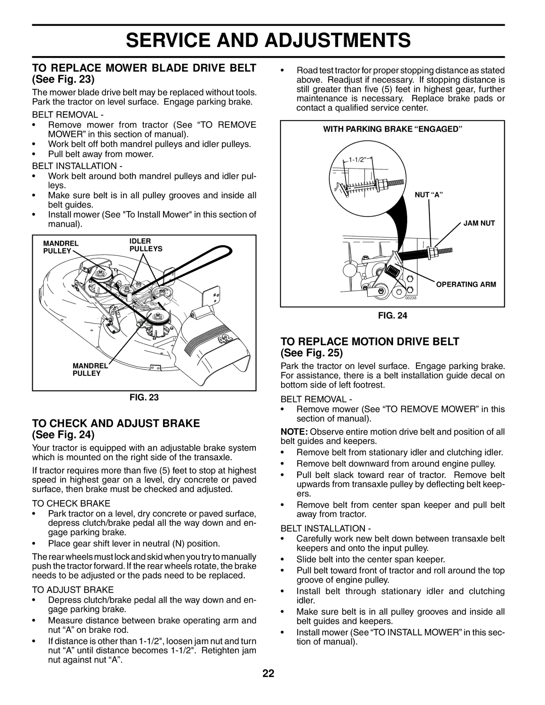 Poulan 279370 owner manual To Replace Mower Blade Drive Belt See Fig, To Check and Adjust Brake See Fig 