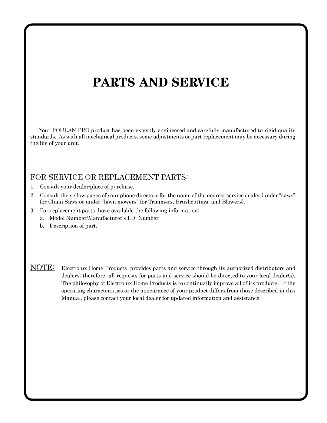 Poulan 279370 owner manual Parts and Service 