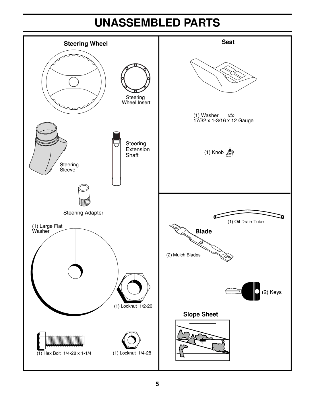 Poulan 279370 owner manual Unassembled Parts, Steering Wheel Seat, Blade, Slope Sheet 