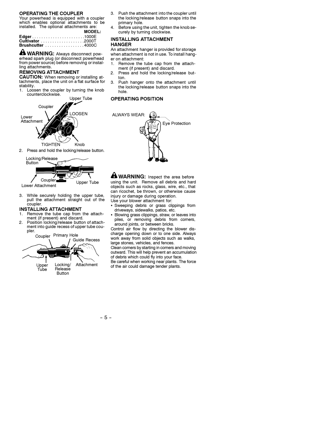 Poulan 3000B instruction manual Operating the Coupler, Installing Attachment Hanger, Operating Position 