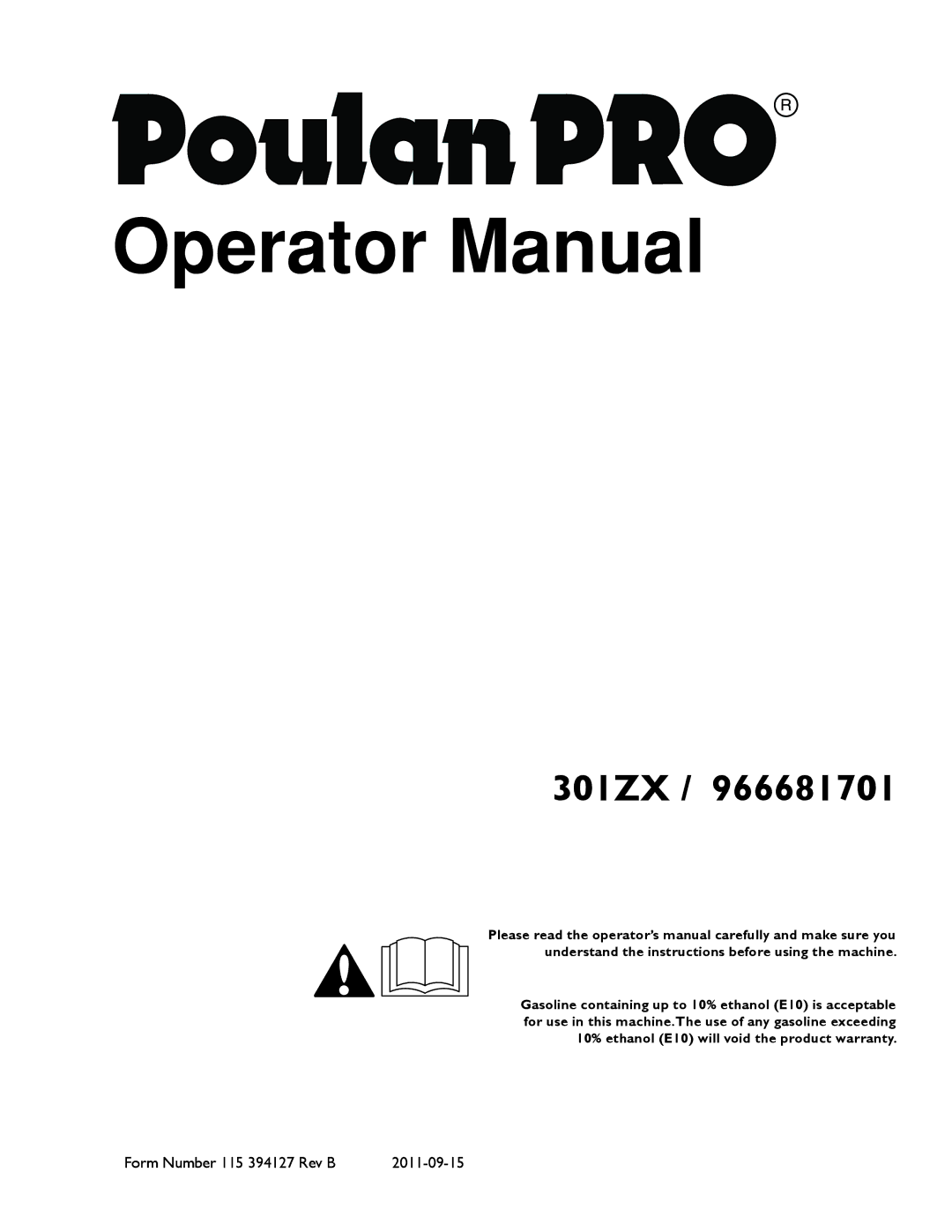 Poulan 301ZX warranty Operator Manual 