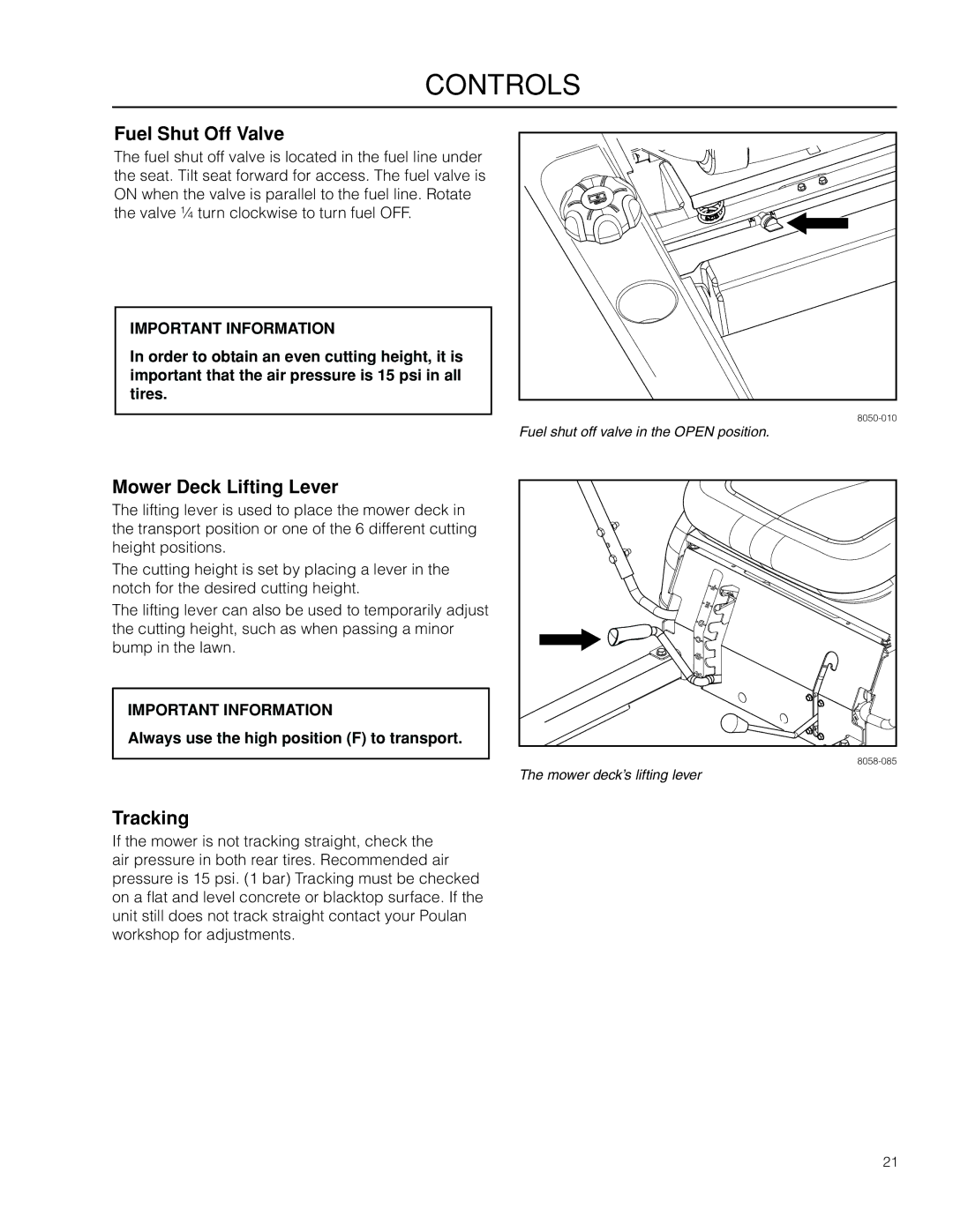 Poulan 301ZX warranty Fuel Shut Off Valve, Mower Deck Lifting Lever, Tracking, Always use the high position F to transport 