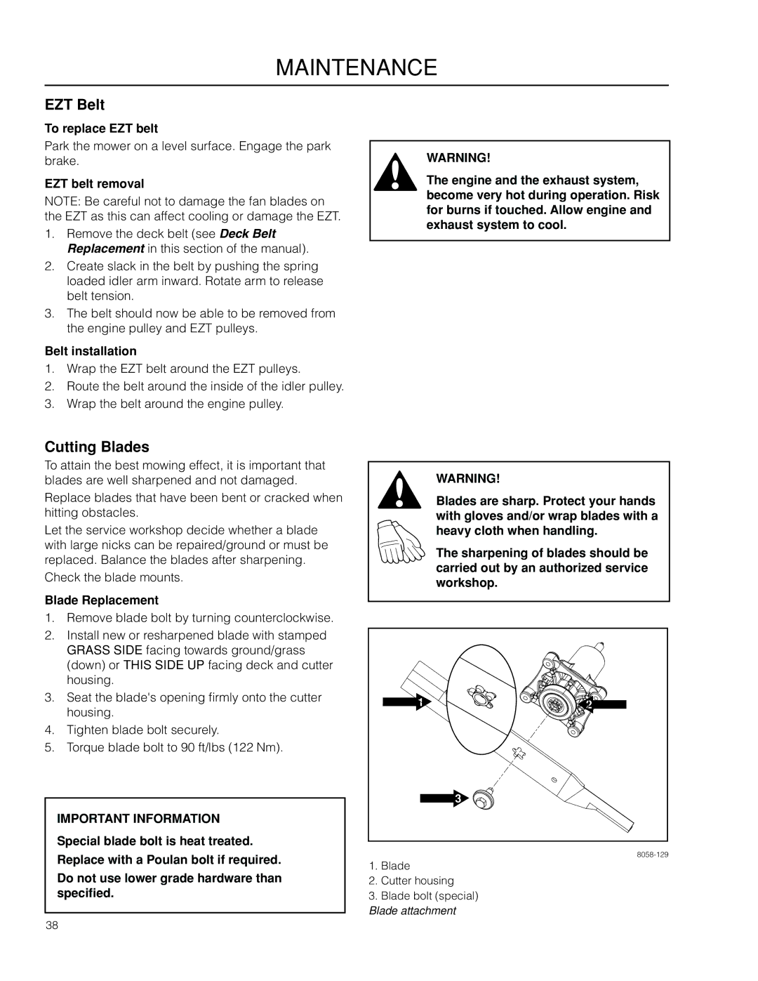 Poulan 301ZX warranty EZT Belt, Cutting Blades 