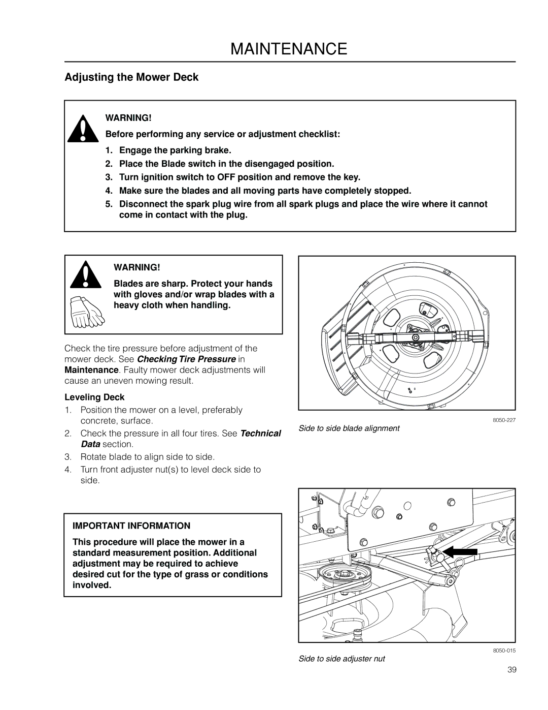 Poulan 301ZX warranty Adjusting the Mower Deck, Leveling Deck 