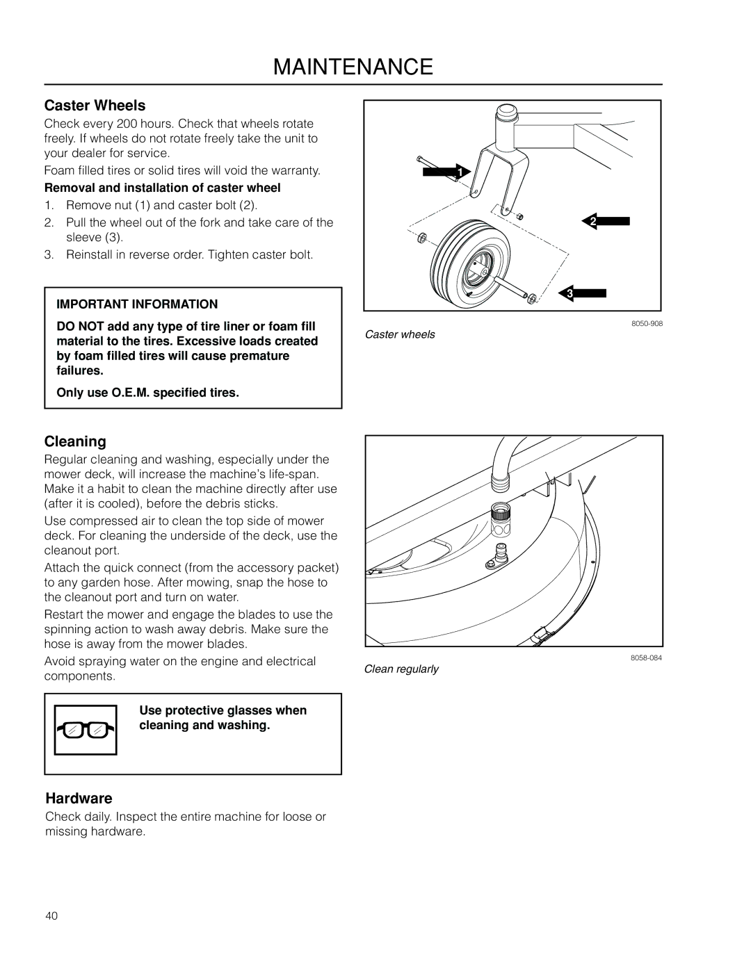 Poulan 301ZX warranty Caster Wheels, Cleaning, Hardware, Removal and installation of caster wheel 