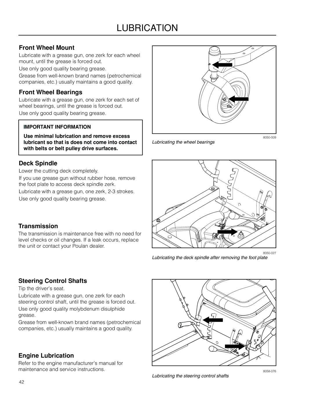 Poulan 301ZX warranty Front Wheel Mount, Front Wheel Bearings, Deck Spindle, Transmission, Steering Control Shafts 