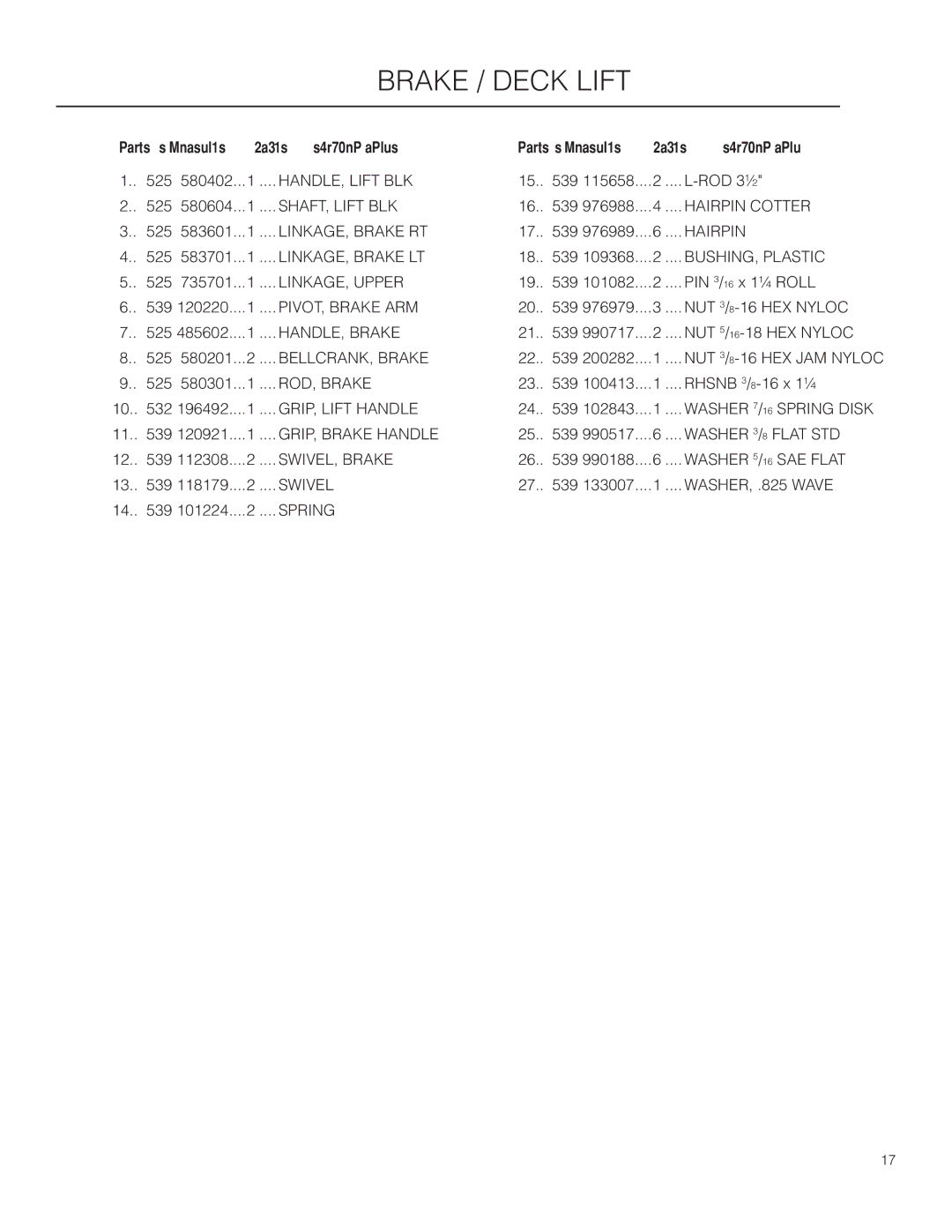 Poulan 301ZX manual Description Item Part no 