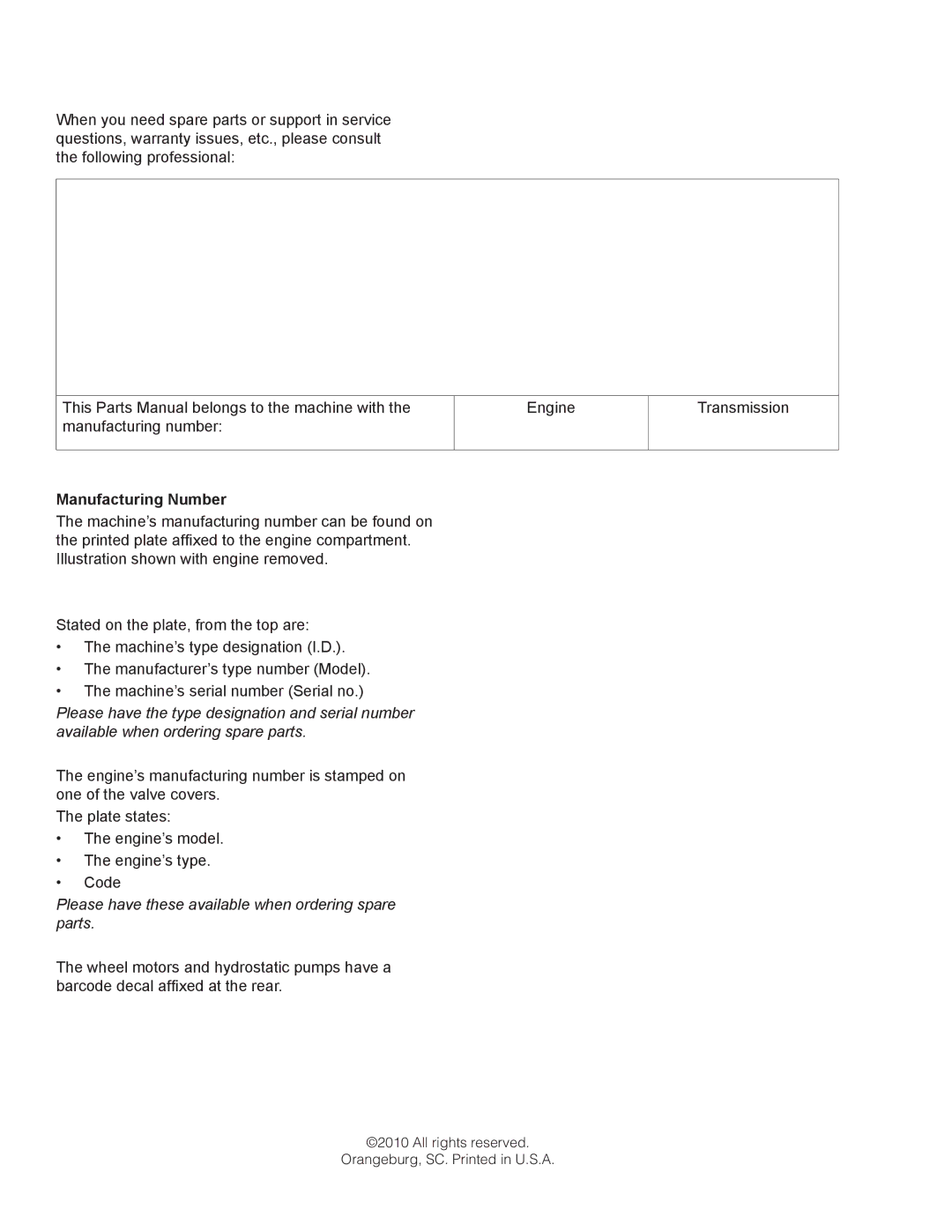 Poulan 301ZX manual Manufacturing Number 