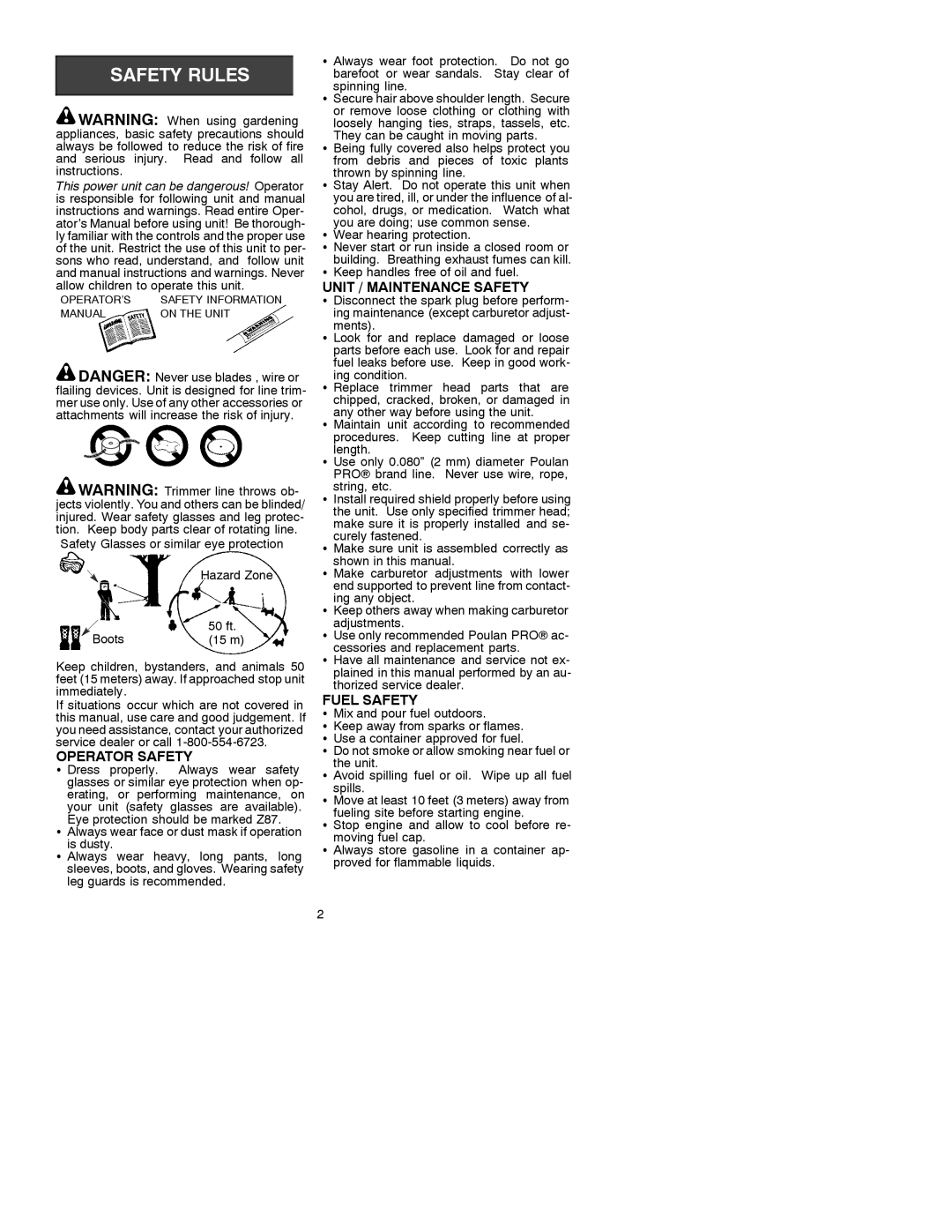 Poulan 31 instruction manual Operator Safety, Unit / Maintenance Safety, Fuel Safety 