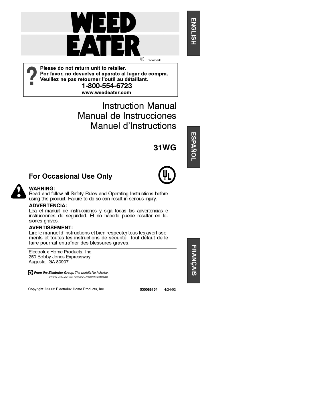 Poulan 31WG instruction manual Manual de Instrucciones Manuel d’Instructions 