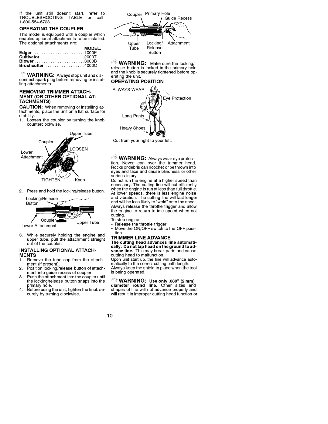 Poulan 31WG Operating the Coupler, Operating Position, Trimmer Line Advance Installing Optional Attach Ments 