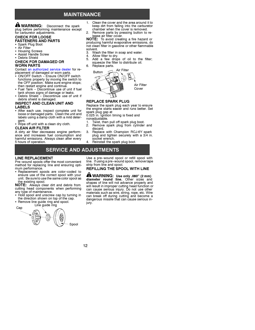 Poulan 31WG Check for Loose Fasteners and Parts, Check for Damaged or Worn Parts, Inspect and Clean Unit and Labels 