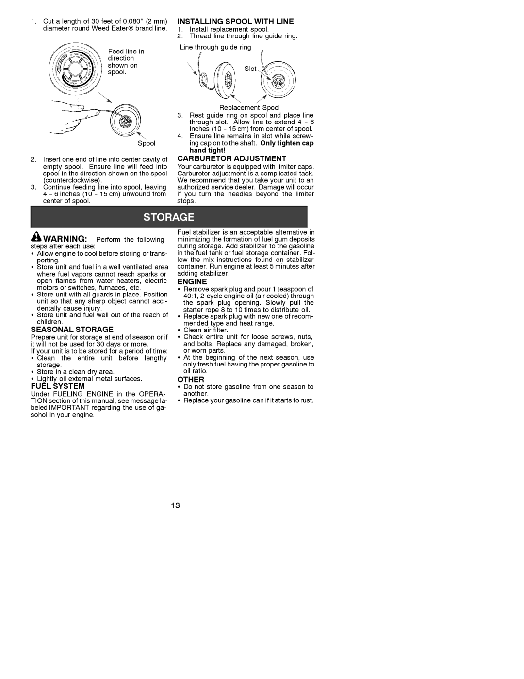 Poulan 31WG Installing Spool with Line, Carburetor Adjustment, Seasonal Storage, Fuel System, Engine, Other 