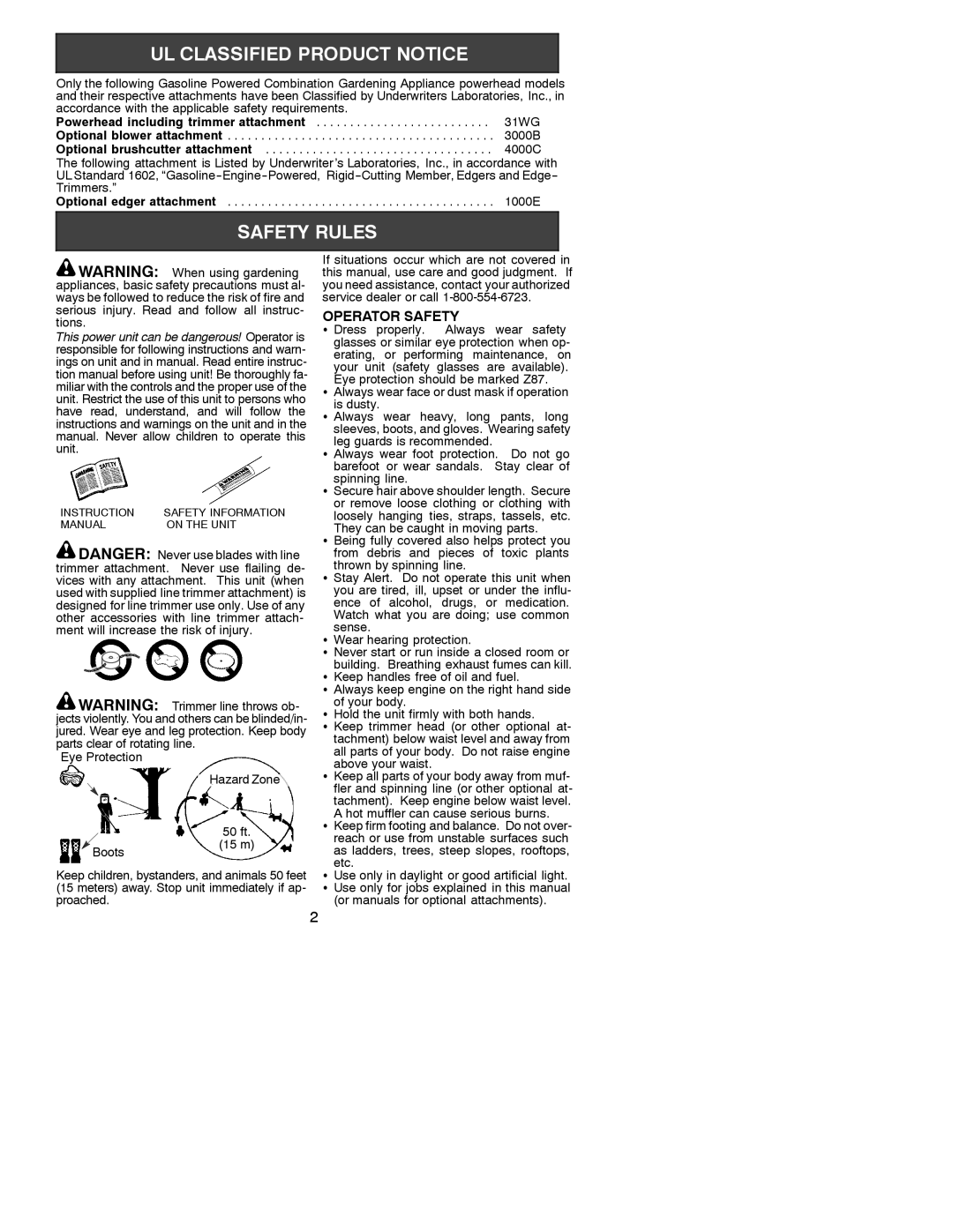 Poulan 31WG instruction manual Operator Safety, 3000B, Eye Protection Hazard Zone 