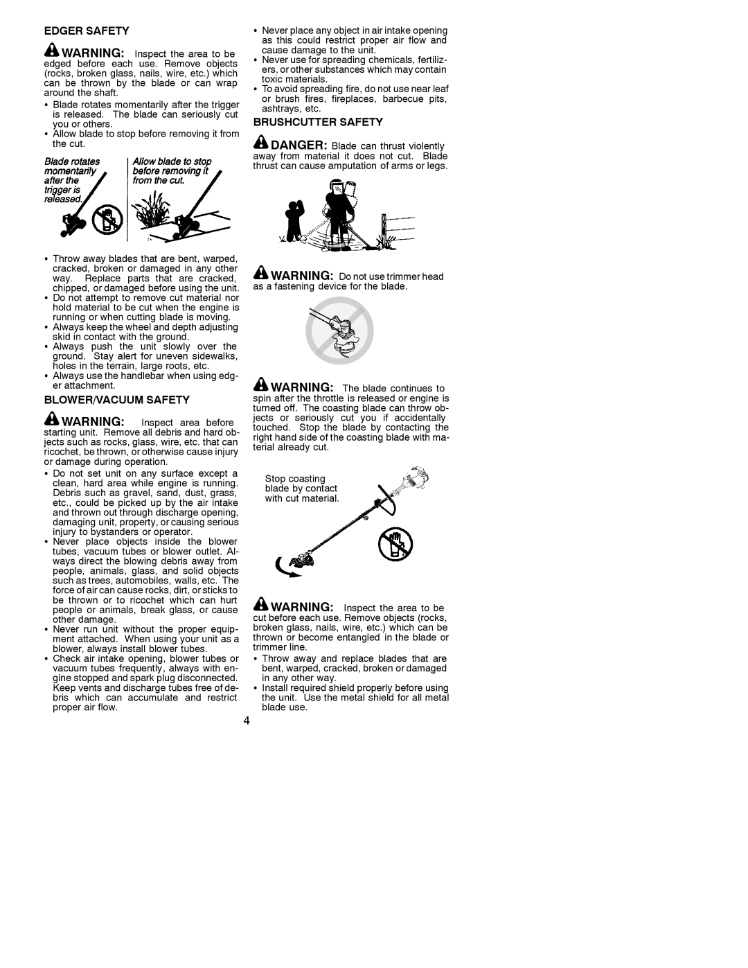 Poulan 31WG instruction manual Edger Safety, BLOWER/VACUUM Safety, Brushcutter Safety 