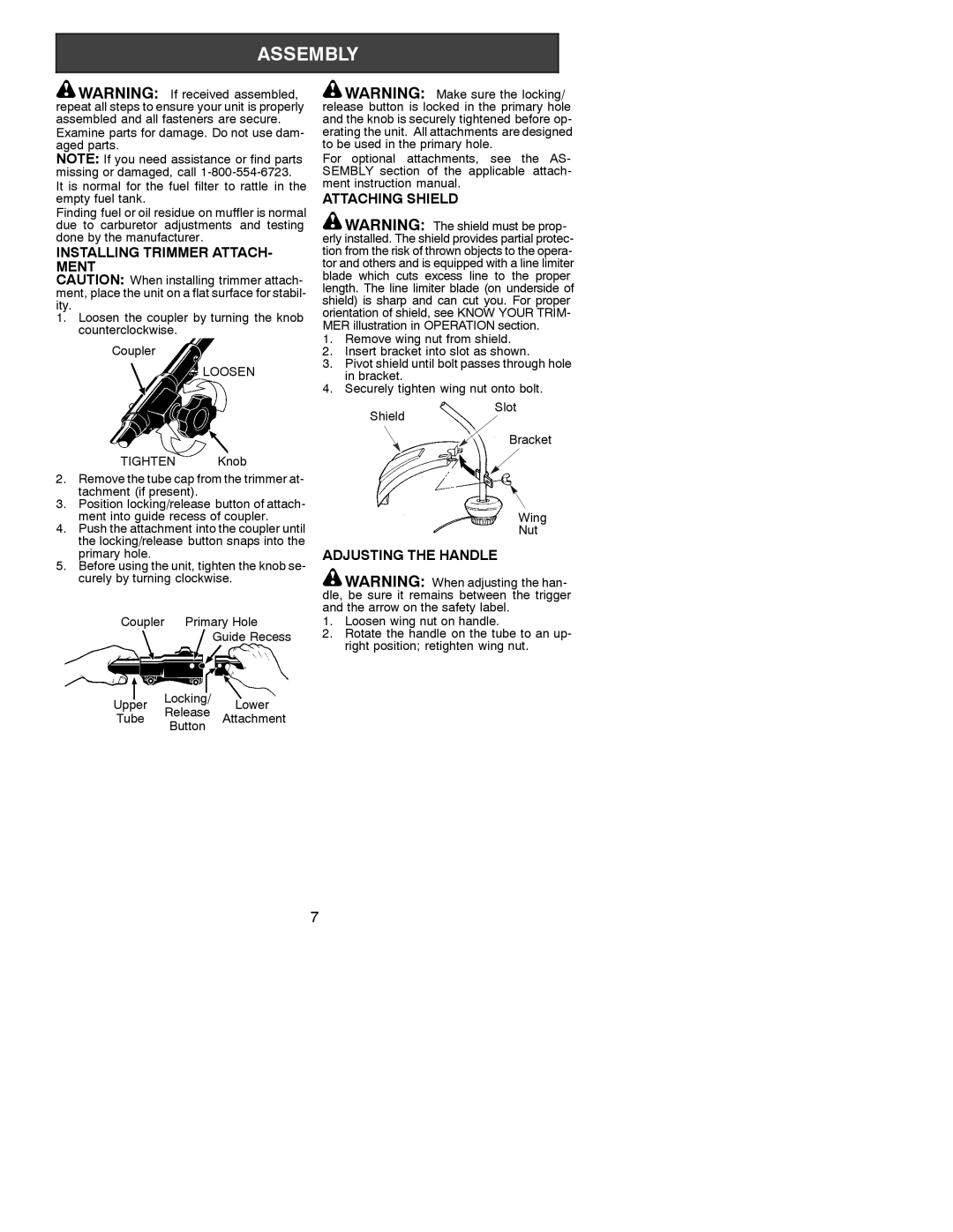 Poulan 31WG Installing Trimmer ATTACH- Ment, Attaching Shield, Adjusting the Handle, Release, Tube Attachment Button 