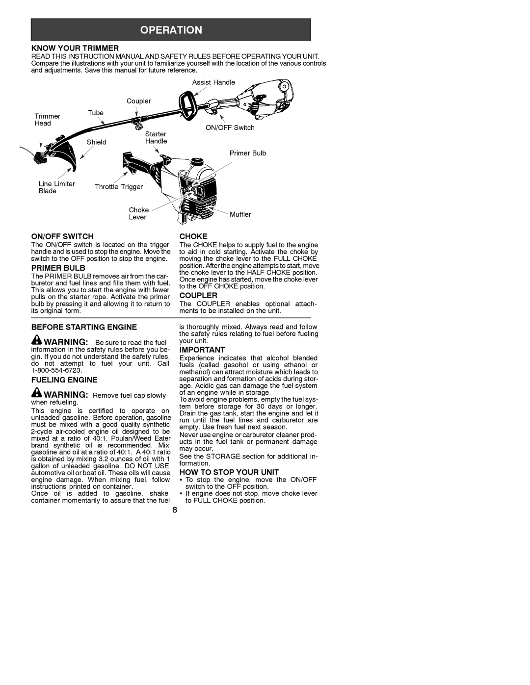 Poulan 31WG Know Your Trimmer, ON/OFF Switch Choke, Primer Bulb, Coupler, Before Starting Engine, Fueling Engine 